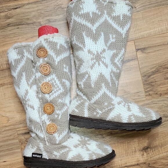 Muk Luk | Snowflake Shearling Lined Knit Boots - Picture 1 of 7